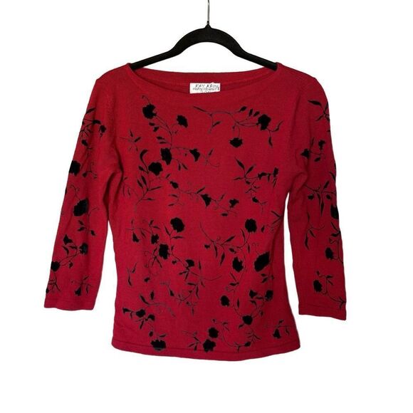 Rena Rowan Sweaters - Rena Rowan Pullover Top Embroidered Size M Red Black Floral Print Boat Neck